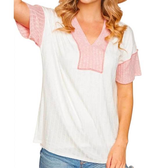 NEW HAPTICS vneck short sleeve top with pink detail in white - Picture 2 of 3